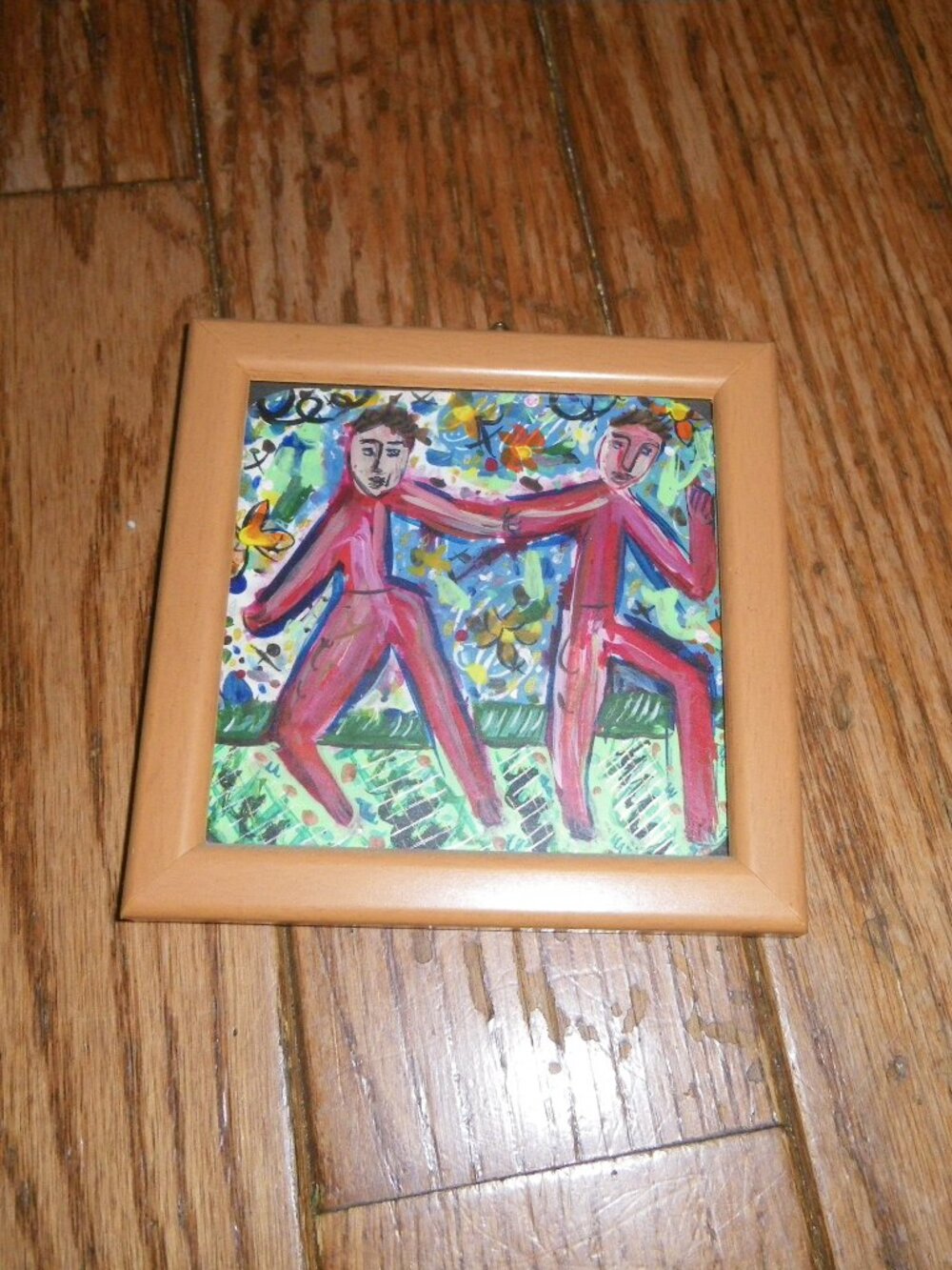 Vintage Miniature Framed Modern Painting Men Dancing
